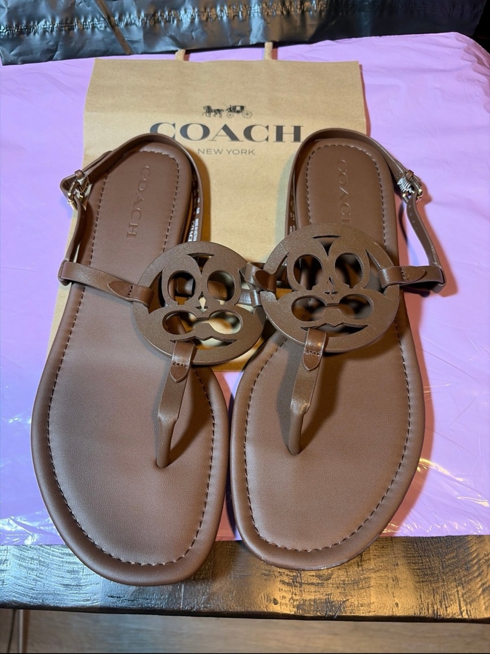 Coach Brown Leather Logo Thong Sandals
